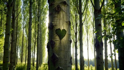 Silhouette of a heart in the foliage of trees poplar. Two beautiful textured tree trunks with green...