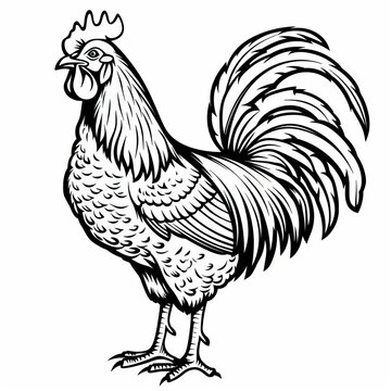 recommend clip art: Intricate black and white line art of a majestic rooster with flowing tail feathers.