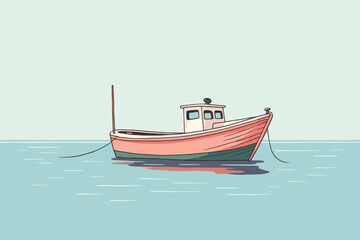 Fototapeta premium Fishing boat in the sea, calm and pastel, vector illustration