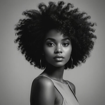 Portrait of a young woman with stunning afro hair in a grayscale tone
