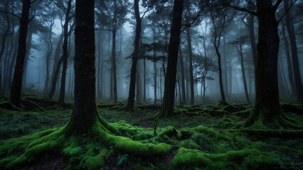 In the heart of a dense forest, beneath the canopy of towering trees, the night unveils its enigmatic charm. Wisps of mist drift lazily among the gnarled branches.