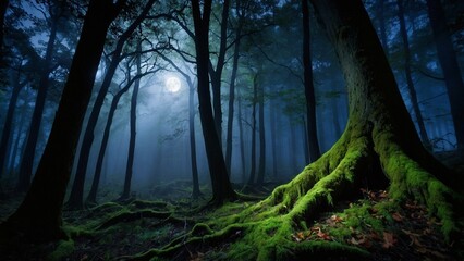 In the heart of a dense forest, beneath the canopy of towering trees, the night unveils its enigmatic charm. Wisps of mist drift lazily among the gnarled branches.