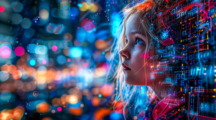 Woman interacting with futuristic technology, visualizing the seamless blend of digital interfaces in modern life