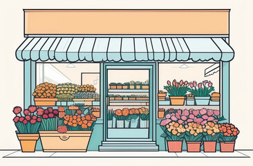Cartoon illustration of potted plants in front of flower shop facade