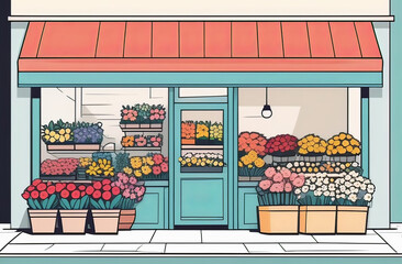 a cartoon illustration of a flower shop with flowers in front of it