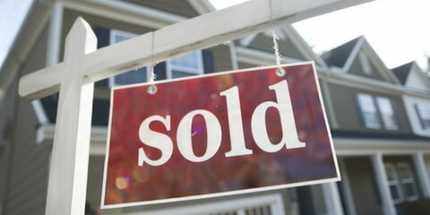 A close-up of a "sold" sign in front of a newly built suburban home. 
