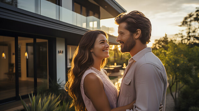 A romantic young couple is about to kiss, standing before their luxurious modern house during a warm sunset. Couple embracing in front of modern home at dusk