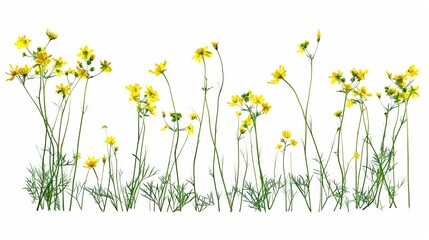 Stems of meadow grass with yellow flowers isolated on white background with clipping path. Full Depth of field. Focus stacking. PNG, Generative AI 