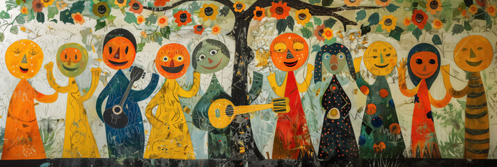 A vibrant mural showcases stylized figures with playful expressions, some holding musical instruments, set against a floral backdrop.