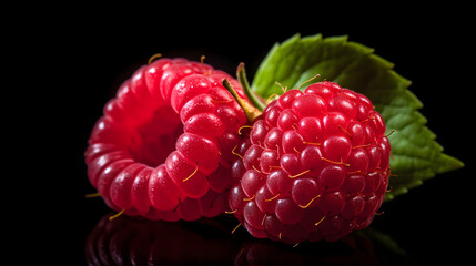Close-up of two juicy raspberries with a vibrant green leaf on a black reflective surface,...