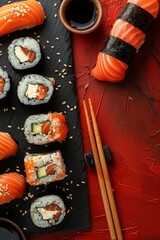 A banner with sushi on a red background with copy space. Sushi rolls, soy sauce, wasabi vertical photo background top view.