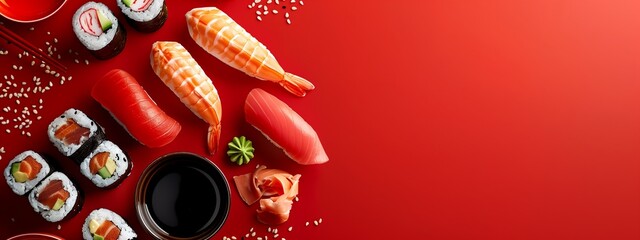 A banner with sushi on a red background with copy space. Sushi rolls, soy sauce, wasabi horizontal photo background top view.