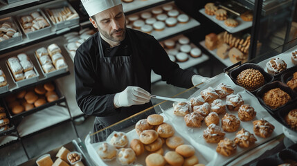 A baker decorates pastries in a bakery full of fresh baked goods.