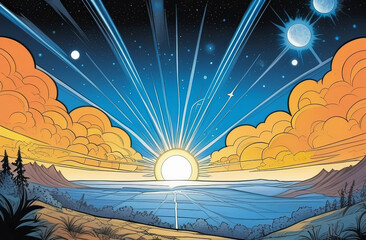 a cartoon illustration of the sun rising over a lake