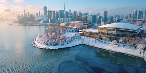 Birds eye view of Toronto Convention Center and Harbourfront in winter. generative ai  - obrazy, fototapety, plakaty
