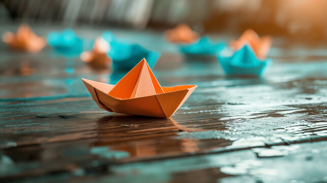 A singular orange paper boat on a wet surface, followed by a fleet of blue ones, evoking leadership.