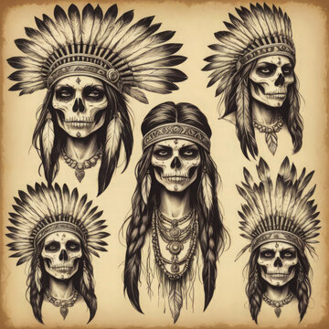 Vintage native american skull illustrations