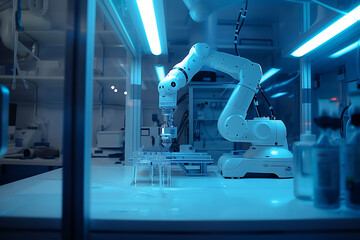 A sleek robot arm assembling a complex machine with precise movements, bathed in the cool blue light of a clean laboratory