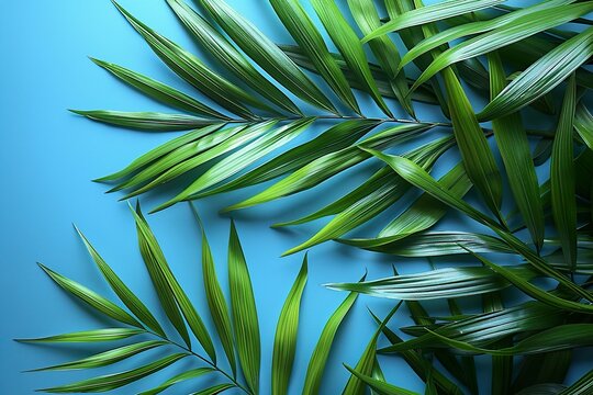 Summer composition. Palm leaves on pastel blue background. Summer concept. 
