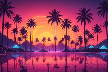 Fototapeta na wymiar Vibrant synthwave-inspired digital artwork featuring a sunset, palm trees, and neon reflections