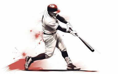Wide angle view of a baseball player hitting a ball. high energy. illustration. White background