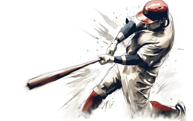 Wide angle view of a baseball player hitting a ball. high energy. illustration. White background