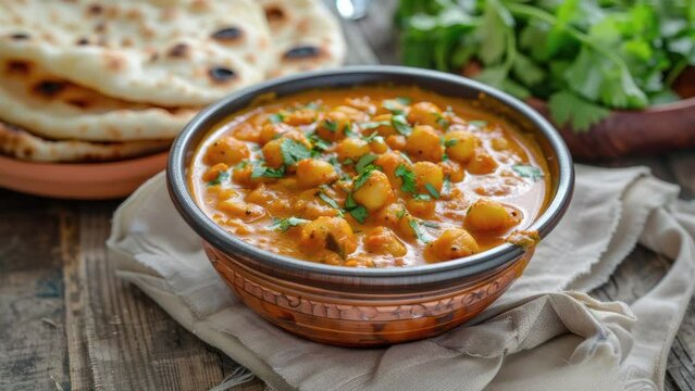 Zooming in on Channa Masala on a Wooden Table