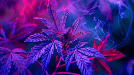 Purple red neon hemp leaf plant with smoke coming out creative background