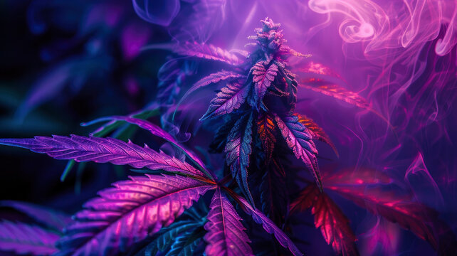 Purple and red marijuana plant with purple leaves neon glitter on smoke background
