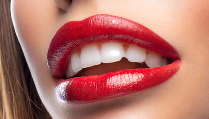Close up portrait of female lips with red gloss shiny lipstick. Beauty woman makeup.