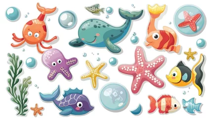 Fototapete Meeresleben 3D puffy sea animals stickers for children on white background