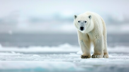 A curious young male polar bear (Ursus maritimus) standing up on the sea ice  - obrazy, fototapety, plakaty