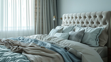 Modern bedroom interior with fashionable fabrics, AI Generative.