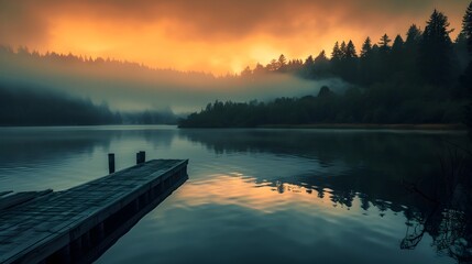 Tranquil Lakeside Sunset Reflections in the Misty Forest Wilderness