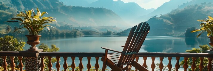 Tranquil Mountain Lake with Rustic Adirondack Chair on Balcony Overlooking Serene Landscape