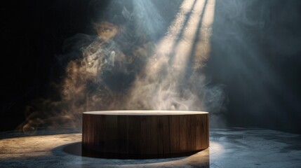 Wooden cylinder podium emerges from the darkness for a captivating product display. - obrazy, fototapety, plakaty