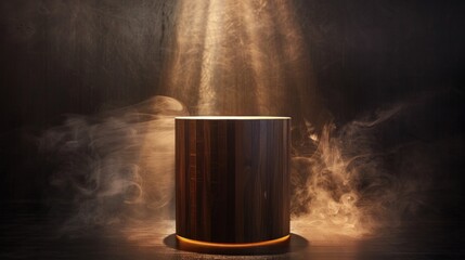 Spotlit wooden podium in dark setting, ideal for product showcase. - obrazy, fototapety, plakaty