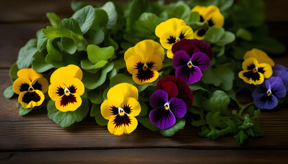 A wooden background with various colors of pansy flowers arranged in a rustic style