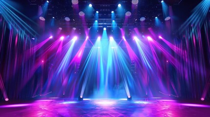 Theatrical stage with vibrant lights, laser beams, and neon colors creating a captivating and...