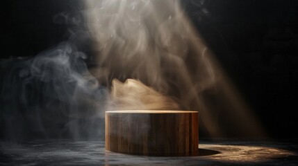 Empty Podium. A Beacon of Potential - An empty wooden cylinder podium awaiting the spotlight, surrounded by smoke and illuminated by spotlights, ready to showcase products. - obrazy, fototapety, plakaty