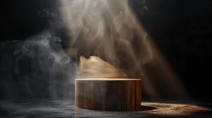 Poster Empty Podium. A Beacon of Potential - An empty wooden cylinder podium awaiting the spotlight, surrounded by smoke and illuminated by spotlights, ready to showcase products. © Postproduction