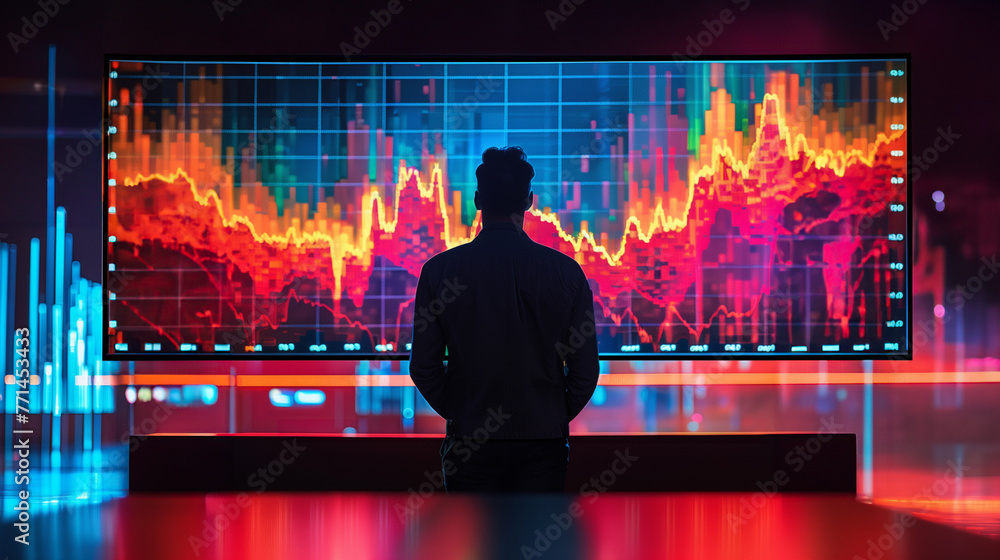Poster A man is looking at a computer screen with a graph on it