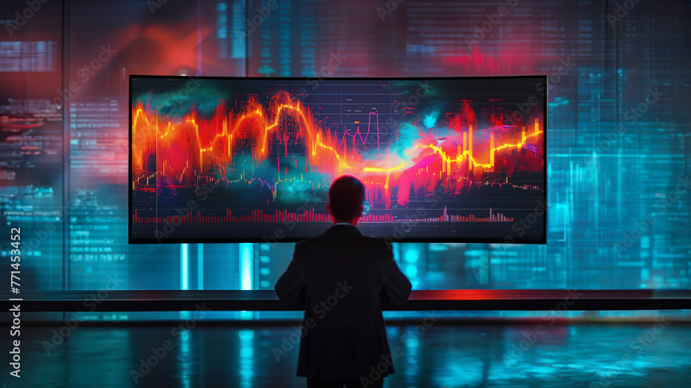 Poster a man is looking at a computer monitor with a red and blue screen