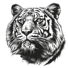 Close-up illustration of a tiger's face in detailed monochrome, exuding a wild and majestic aura.