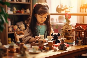 A charming Korean, Asian baby, dressed in a dress for her birthday, plays tea drinking with dolls, toy dishes, cup cakes and cupcakes at the children's table, in a sunny room with a window