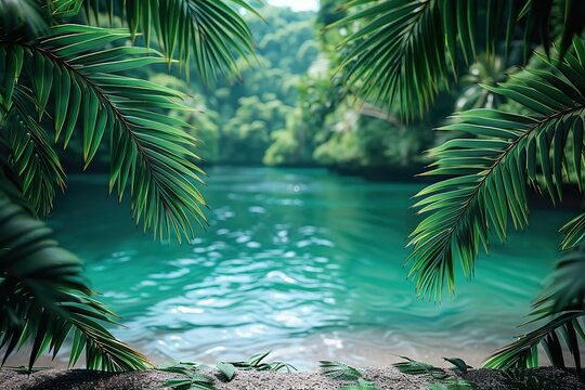 Summer tropical sea and palm leaves 