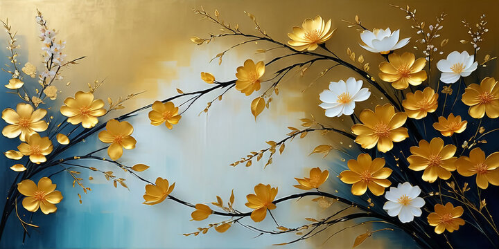 Golden flowers design - Colorful foral graphic