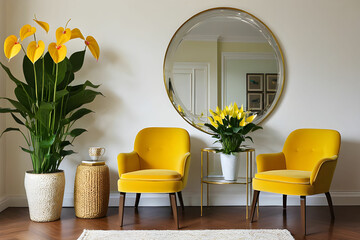 Part of the living room interior with a yellow armchair, a mirror, a chair and an anthurium in a pot. Flowers Anthurium andraeanum (Araceae or Arum) symbolize hospitality. - obrazy, fototapety, plakaty