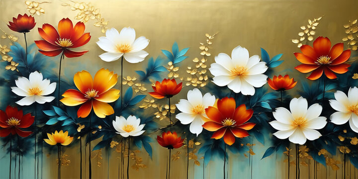 Golden flowers design - Colorful foral graphic