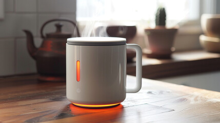 Smart mug, digital temperature readout, eye-level view, sleek modern look, soft background light